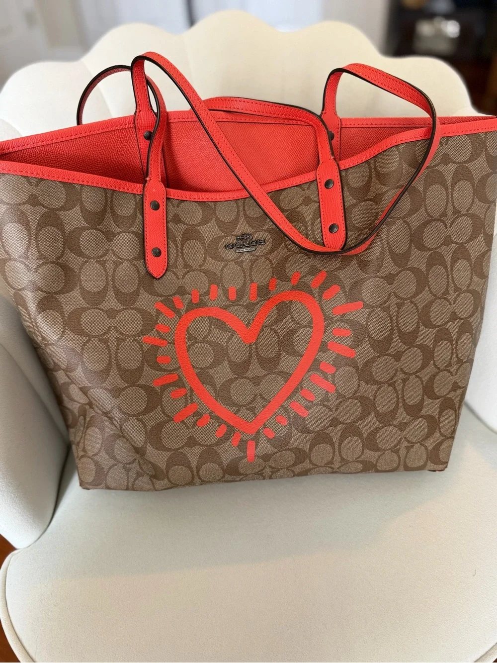 Reversible Coach Canvas Tote with Coral-Red Trim and Matching Removable Pouch